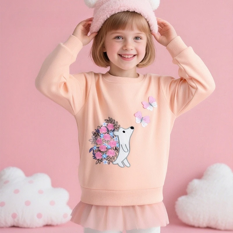 Flower Girls Sweatshirts 100% Cotton Pullover Tops Print Elegant Hoodies Toddler Kids Mesh Tutu Hem Long Sleeve Dress Top