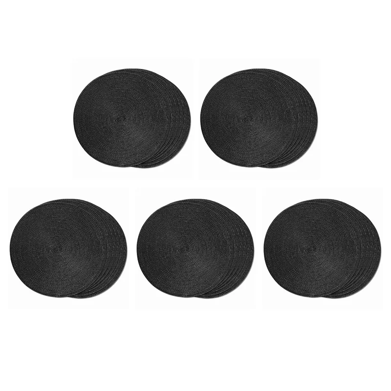 

B08B-Round Braided Placemats Set Of 18 Table Mats For Dining Tables Woven Washable Non-Slip Place Mats 15Inch Halloween Black