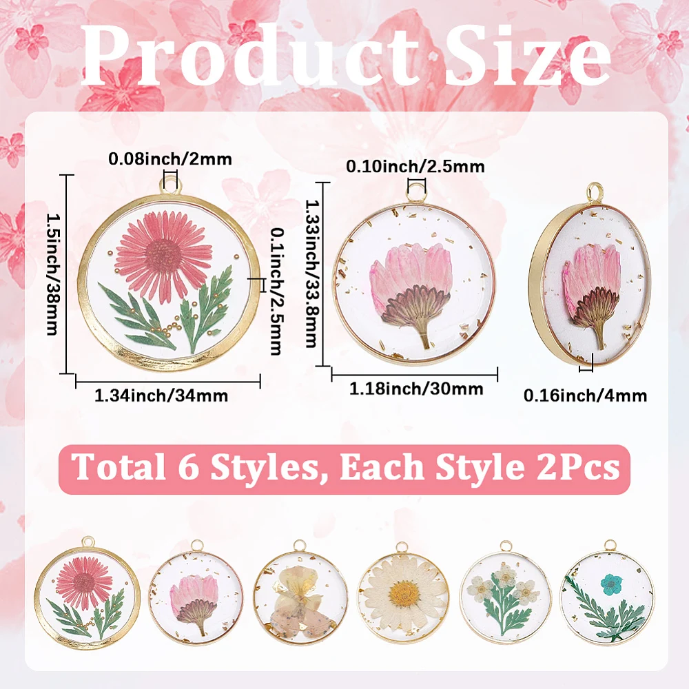 1 Box 12Pcs Dried Flower Resin Charms Pressed Flower Charm Round Shape Gold Edge Resin Floral Pendants for Jewelry Making