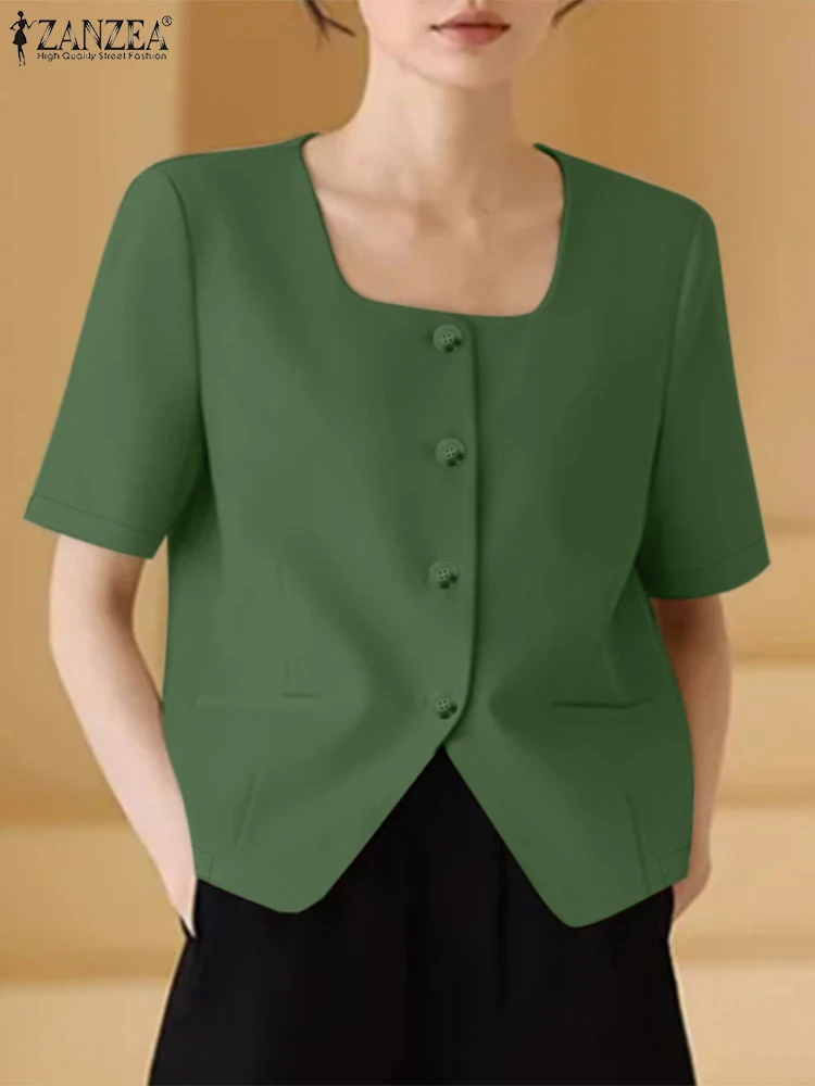 ZANZEA-Chemise à Manches Courtes et Col Carré pour Femme, Chemisier Élégant, Décontracté, à la Mode, de Couleur Unie, avec lèvent, pour le Travail, Collection Été 2024