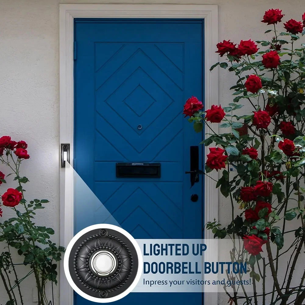 Tombol tekan bel pintu, dengan 2 buah sekrup dengan LED tahan air untuk pengganti pintu depan rumah, bel pintu besi bulat, tombol tekan