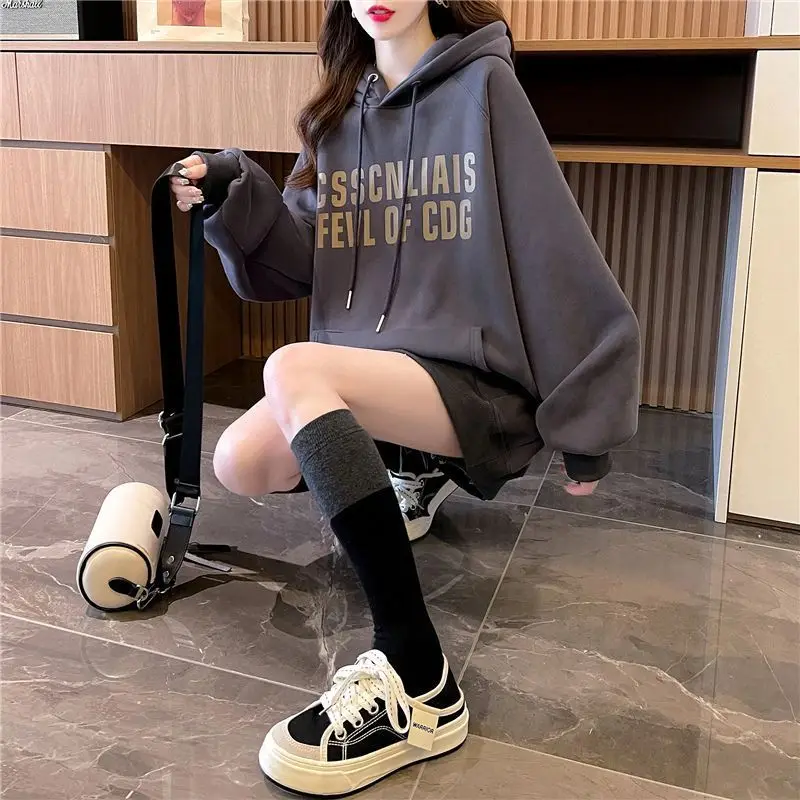 Fashion Printed Pockets Lace Up Hoodies Sweatshirts Female Clothing 2023 Winter Oversized All-match Tops Casual Sweatshirts