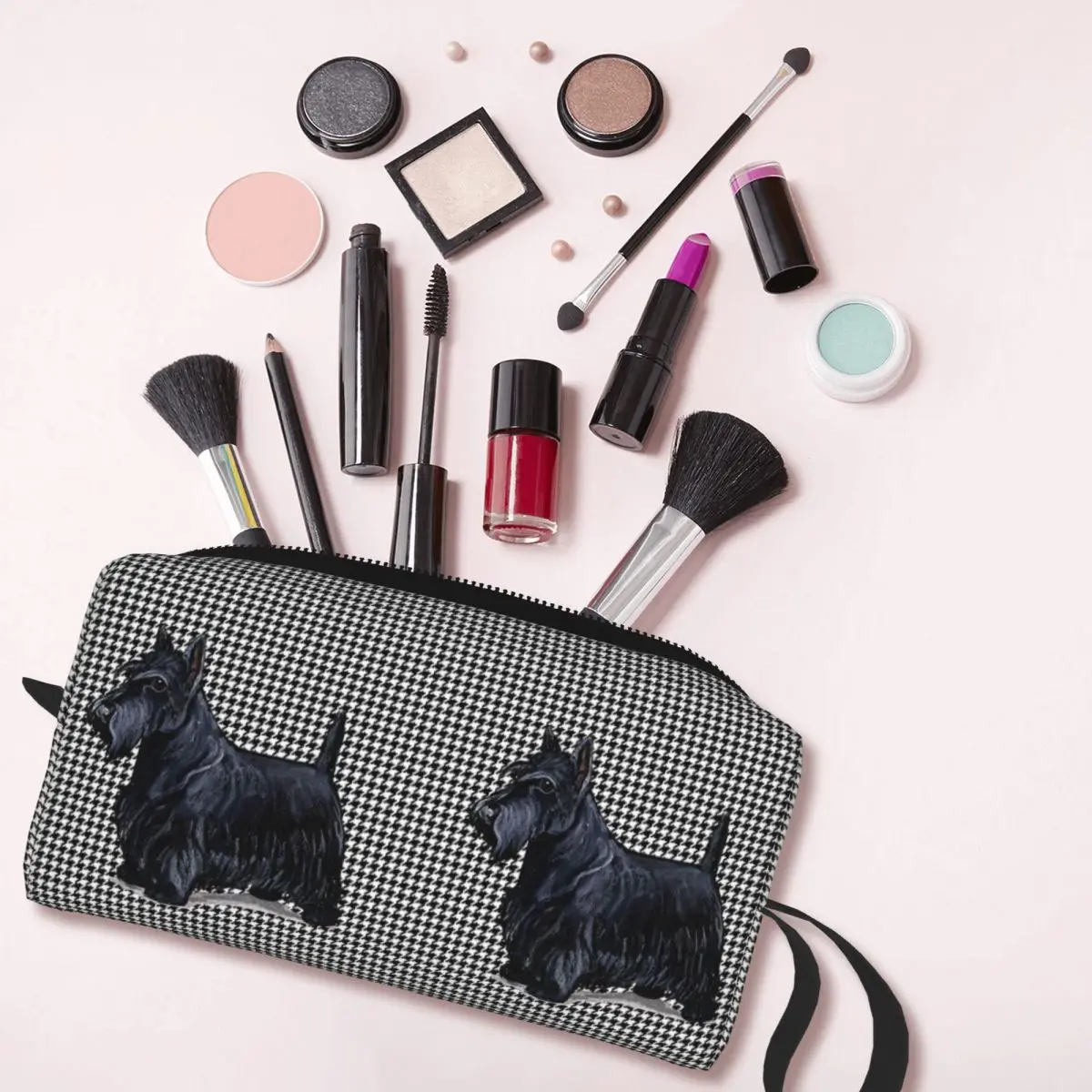 Scottish Terrier Houndstooth Cosmetic Bag Women Kawaii Big Capacity Pet Scottie Dog Makeup Case Beauty Storage Toiletry Bags