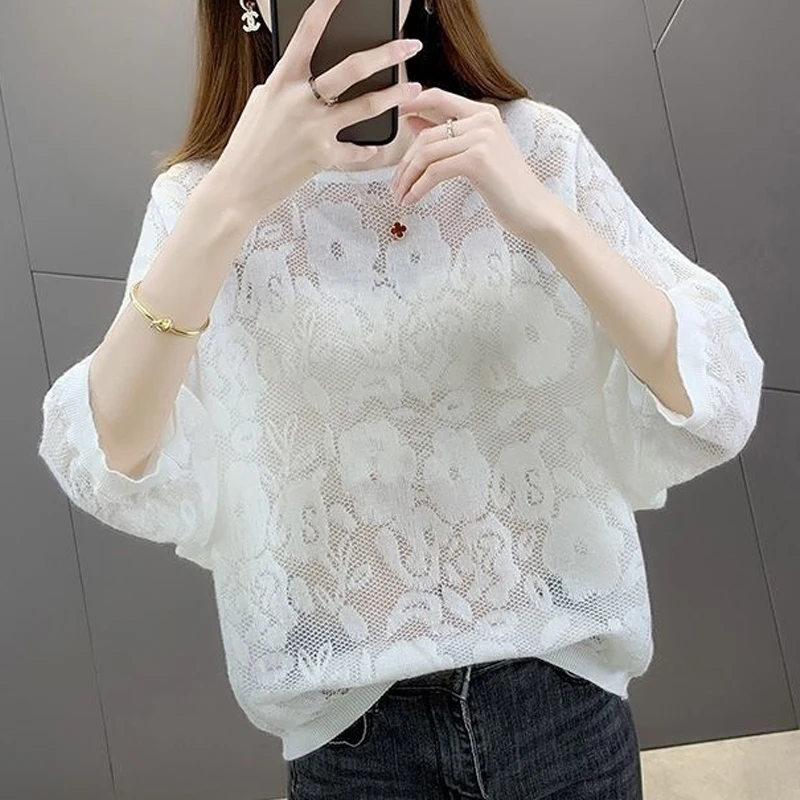 Women\'s Clothing Korean Fashion Sexy Hollow Solid Color Thin Knitwear Spring Summer Casual Round Neck Half Sleeve Pullover Tops