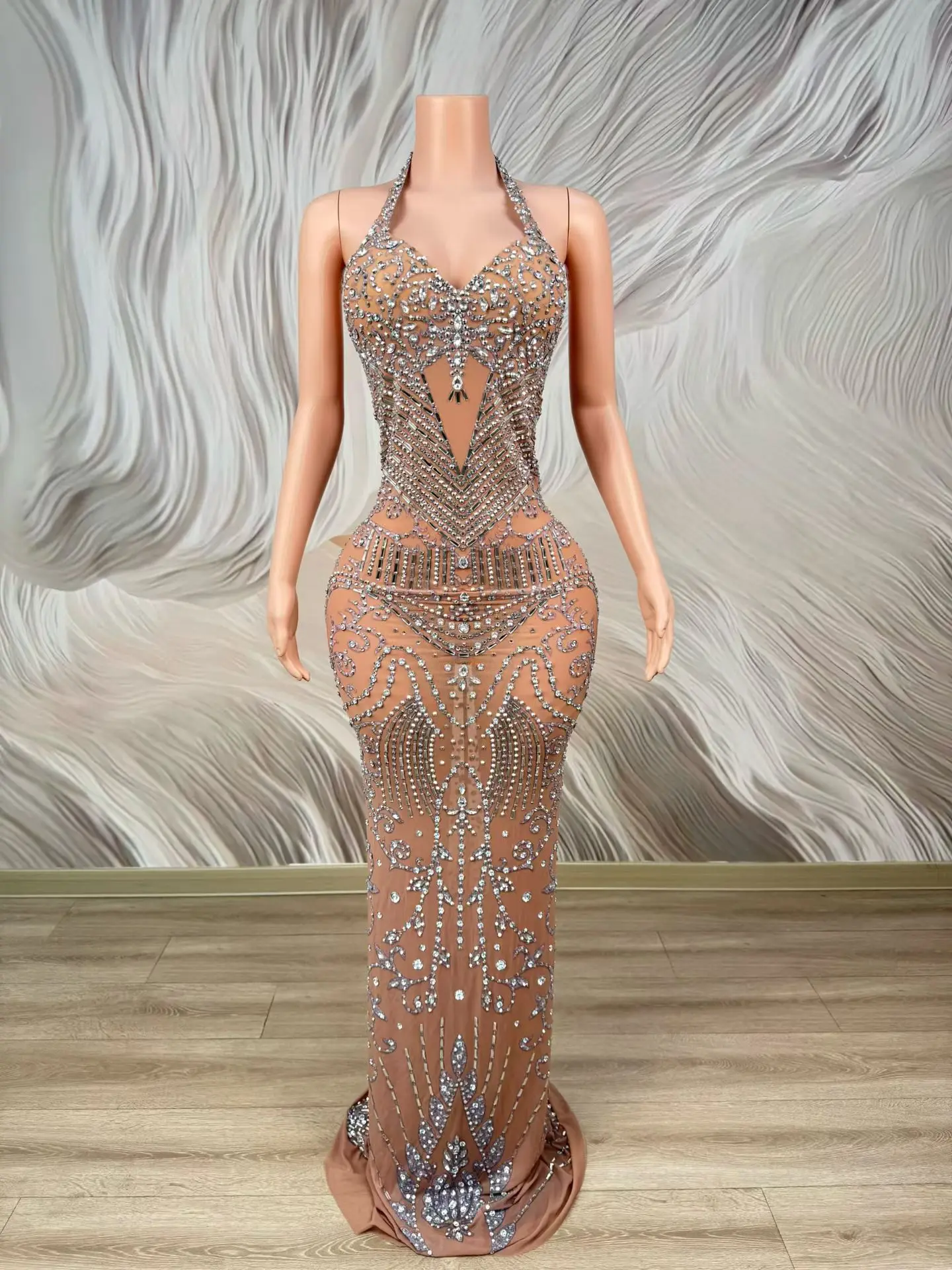 Sanyecao Elegant Women Neck Hanging Dress Silver Rhinestone See Through Mesh Dress Beapoke Occasion Dress Birthday Prom Gowns