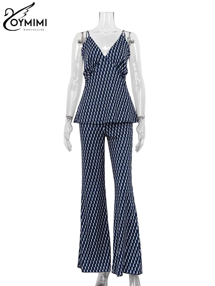 Oymimi Elegant Blue Print Sets For Women 2 Pieces Fashion Spaghetti Strap V-Neck Tops And High Waisted Straight Trousers Sets