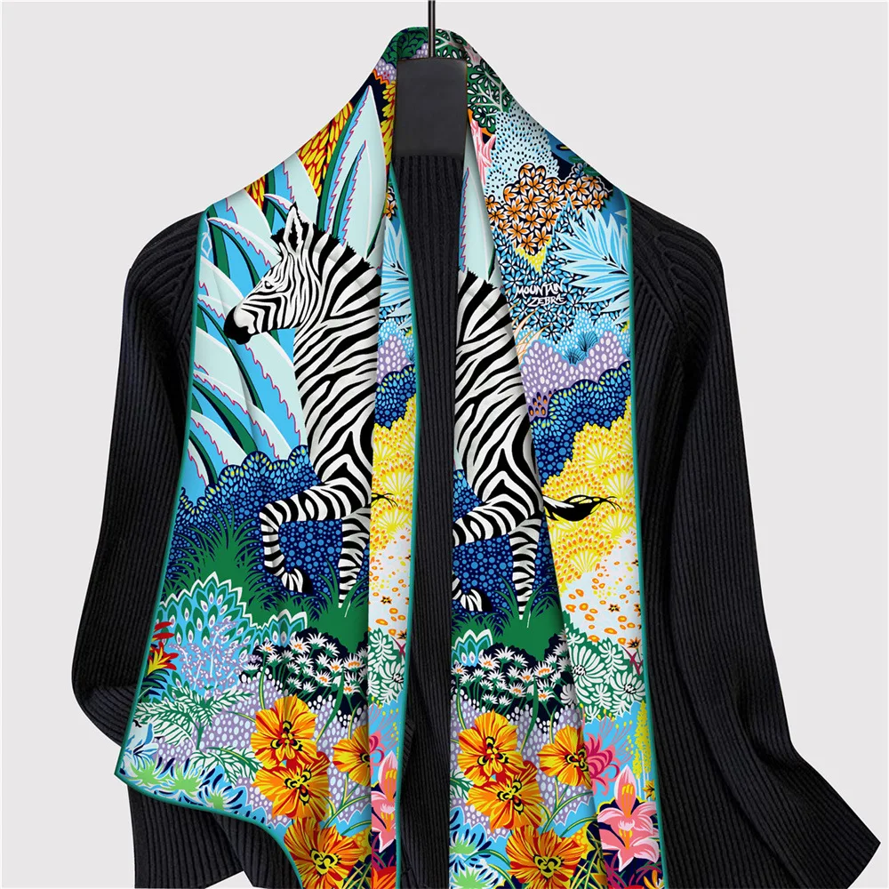 Hand rolled edge Twill Silk Scarf Women Zebra Foreast Printed Long Scarves Wraps Bandana Big Shawl Rolled Hijabs Female Foulards