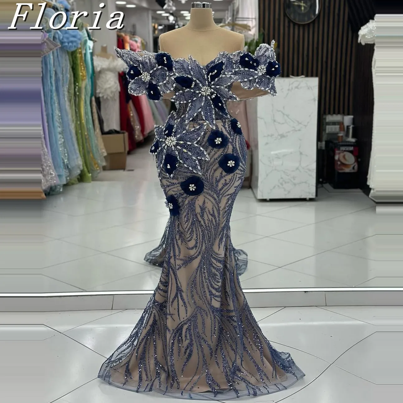 คลาสสิก 3D Handmade Multi-Layered ดอกไม้ Mermaid Evening Dresses Navy Blue Contrast คริสตัลชุดราตรียาว Gowns ที่กําหนดเอง