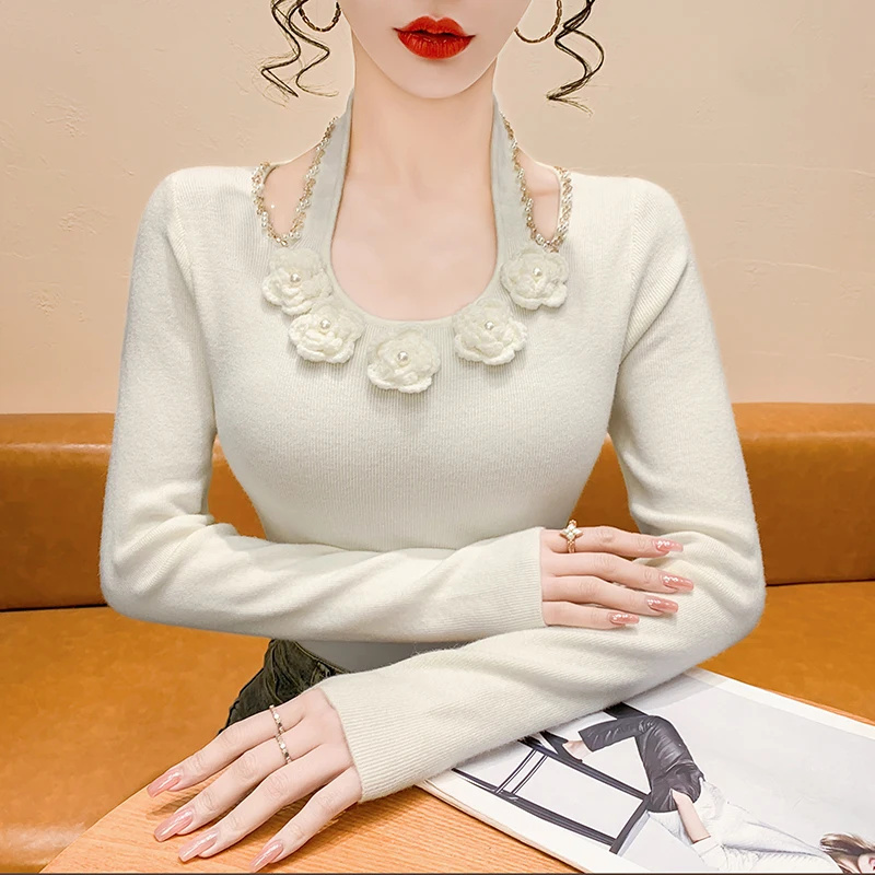 Maglione lavorato a maglia francese Sle Long Sve da donna Ne Hanging Diamond Slim Fit Base irt Autunno Inverno Nuovo arrivo Body ap...