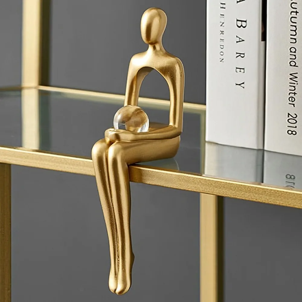 Resin Human Body Art Ornament Golden Finish Thinking Reading Man Figure Statue Abstract Design Desktop Ornament Office Supplies
