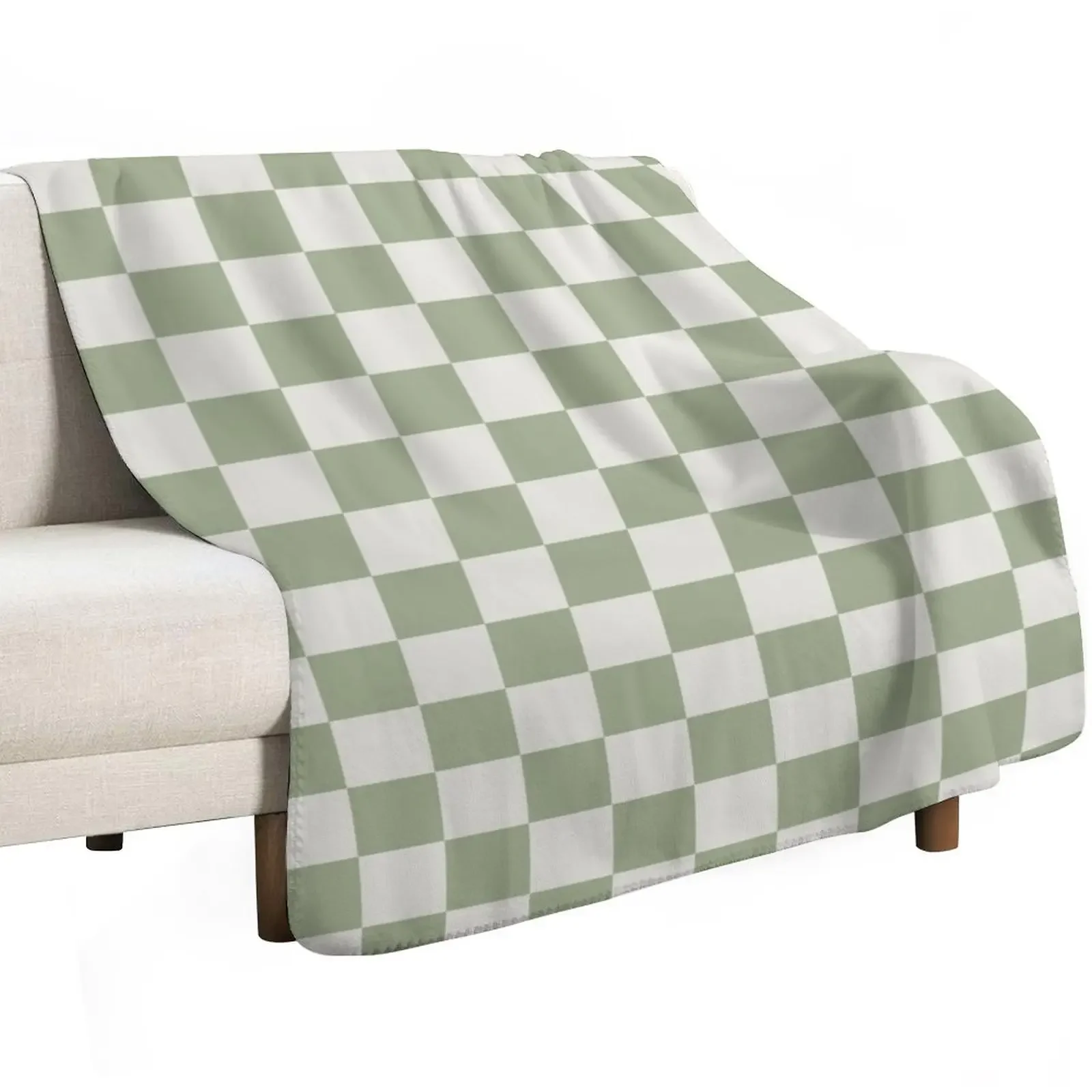 Checkerboard Mini Check Pattern in Sage Green and Off White Throw Blanket Vintage Flannel Fabric Polar Multi-Purpose Blankets