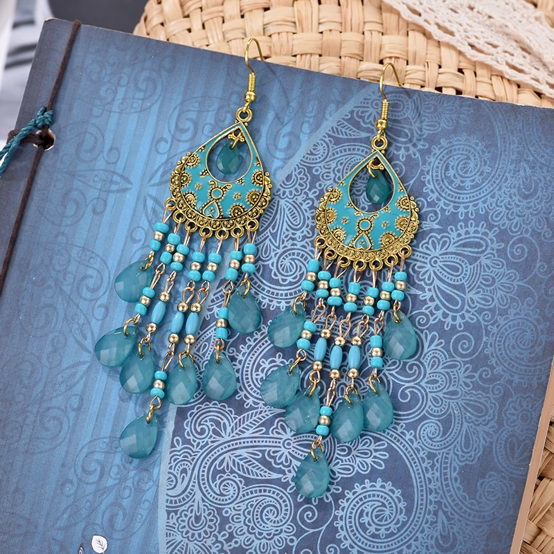 Ethnische Lange Acryl Wasser Tropfen Ohrringe für Frauen Retro Boho Gold Farbe Hohl Quaste Ohrringe Bijoux Femme Zubehör – Detail 23