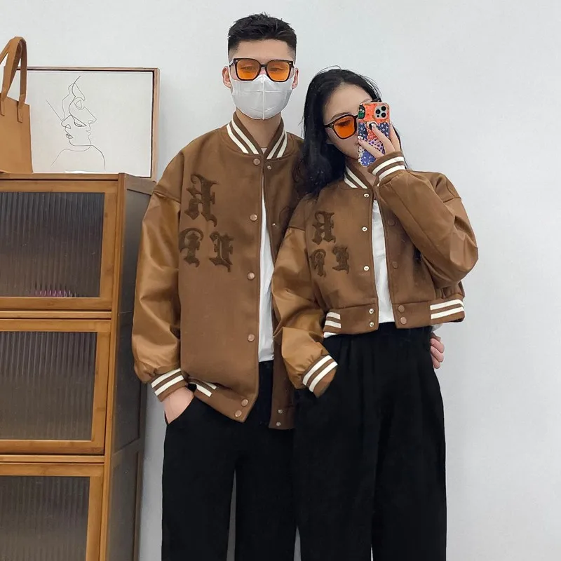 

ex ort Sle Baseball Jaet Couple Matching Outerwear Thiened Long Sve Youth Trend Autumn Winter Stand Fit