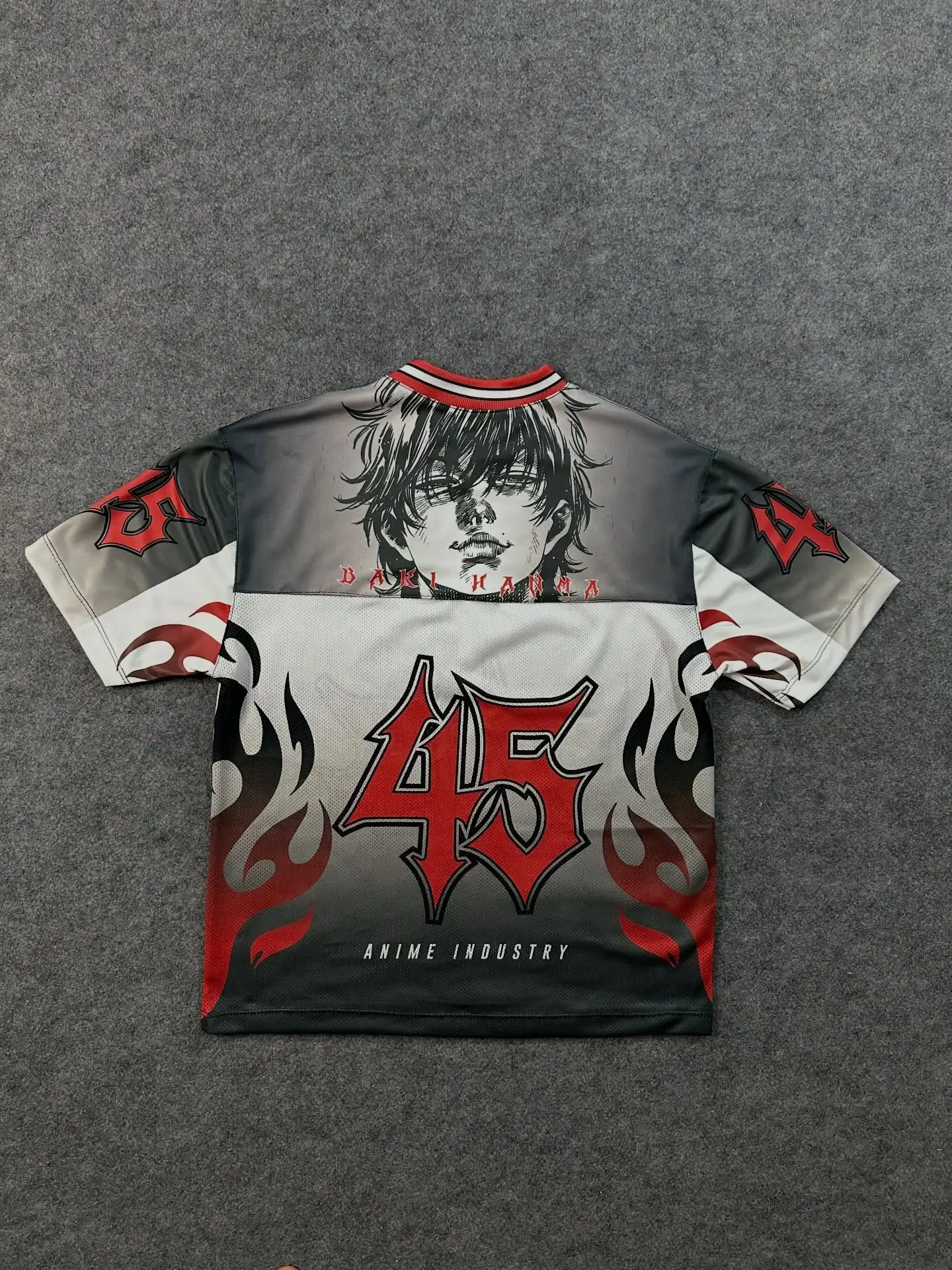 2026 New Baki Hanma 45 Jersey T-shirt, Men's Anime Baki The Grappler Flame Graphic Mesh Streetwear Tee, Casual Hip Hop Top