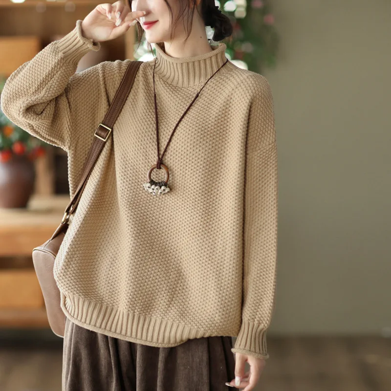 Fall Winter Retro Women Knitted Pullover Loose Casual Literary Versatile Elegant Long Sleeve Tops Fashion Simple Female Knitwear