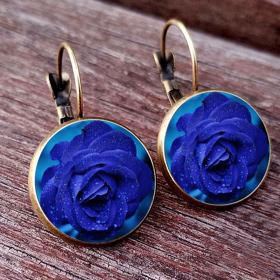 2024 French Fashion Blue Rose Purple Lilac Earrings Sunflower Stud Earrings Tulip Earrings Flower Glass Cabochon Dangle Earring