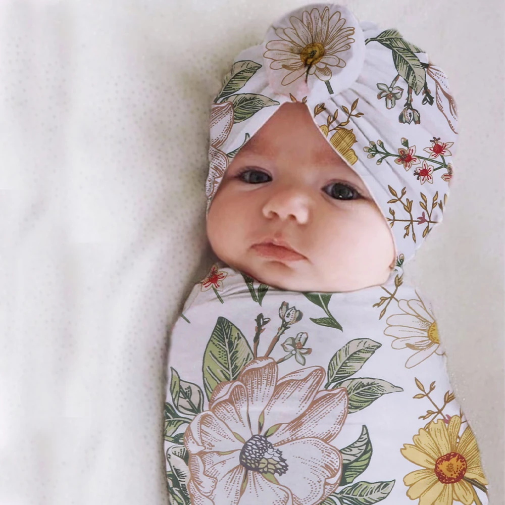 Ylsteed 3 Pieces Set  Newborn Photography Wrap with Turban Hat Baby Swaddle Blanket Headband Set Newborn Receiving Blanket