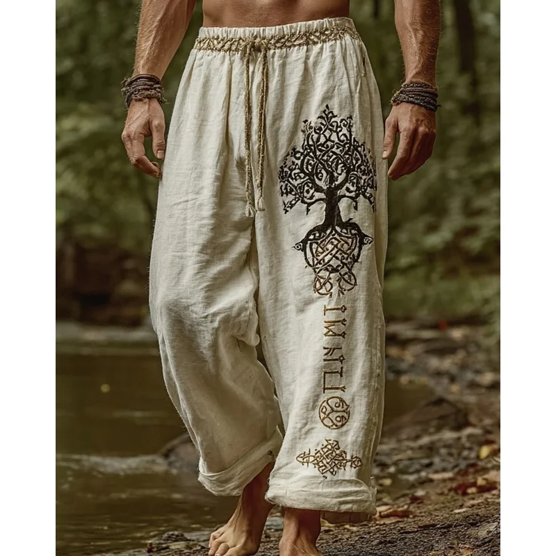 

Men's retro Viking Tree of Life 3D printed Bohemian style casual pants drawstring straight leg pants summer beach pants