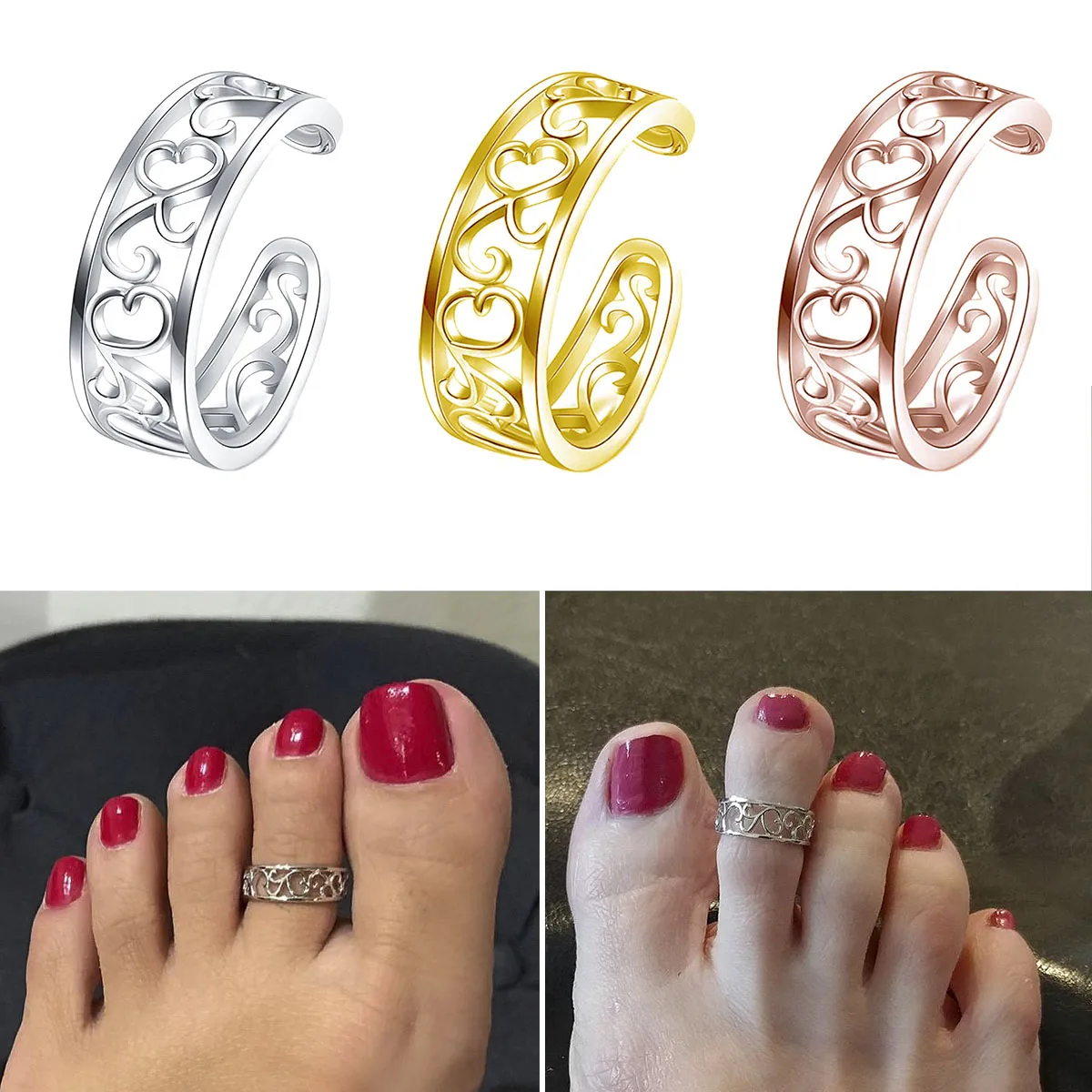 Creative Adjustable Toe Rings Set Hollowed Heart Star Opening Toe Ring for Women Fashion Jewelry Gift Accessories