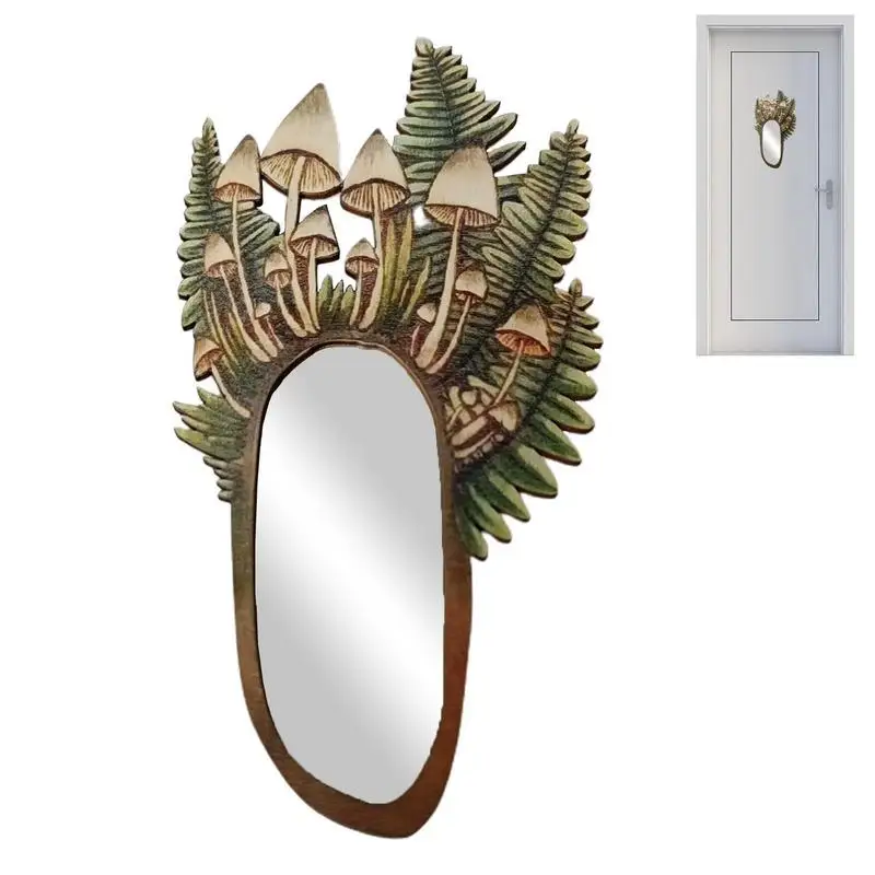 Decorative Wall Mirror Wooden Mushroom Frame Wall Mirror Retro Mirror For Living Room Bedroom Bathroom Entryway Wall Decor