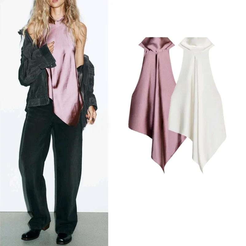 

New Autumn Women's Silk Satin Knot Neline Bal Top French Sle Fit irt Polyester Fiber No Sve Skin-friendly Breat...