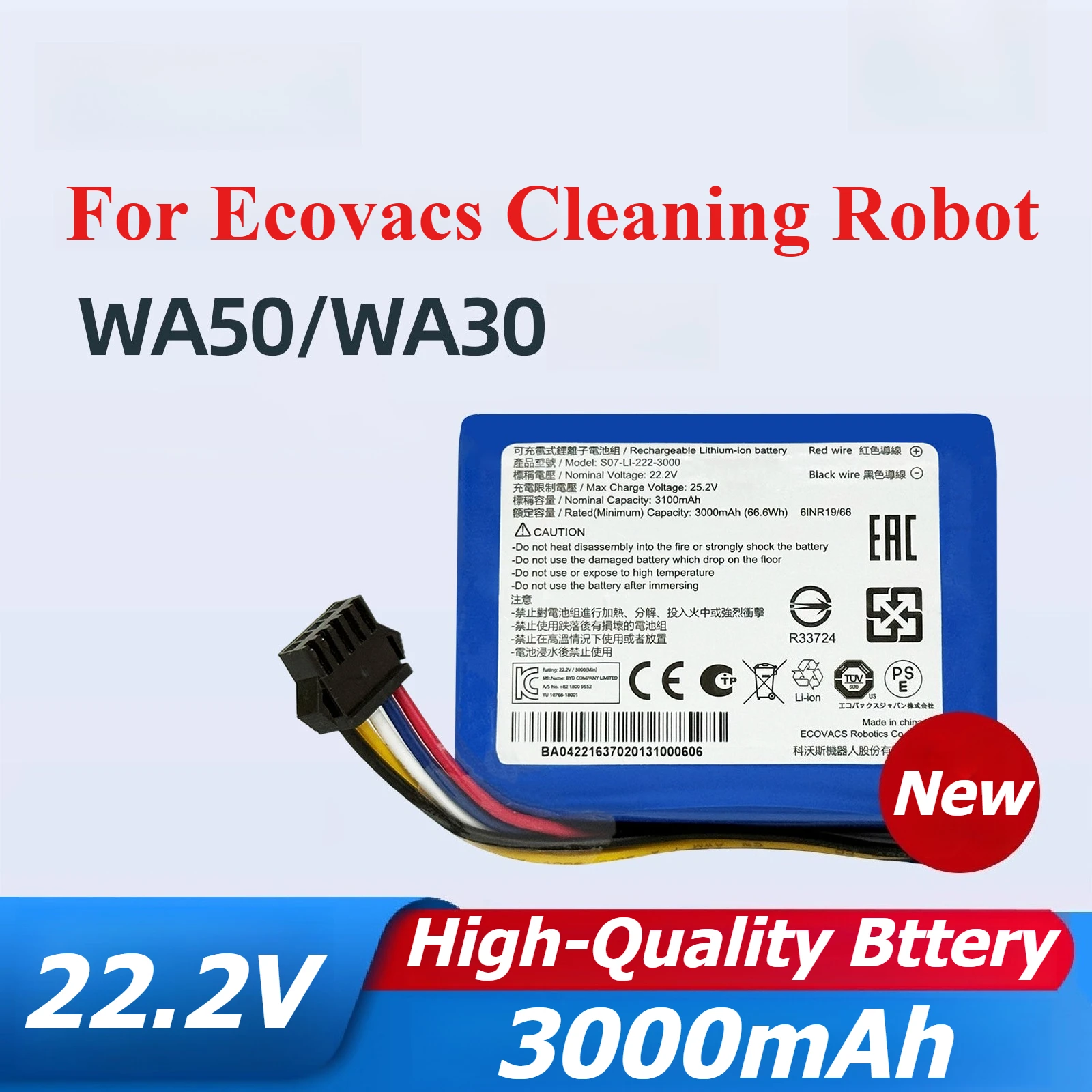 New 22.2V 3000mAh Rechargeable Battery for Ecovacs Cleaning Robot WA30 WA50  Battery Accessories S07-LI-222-3000