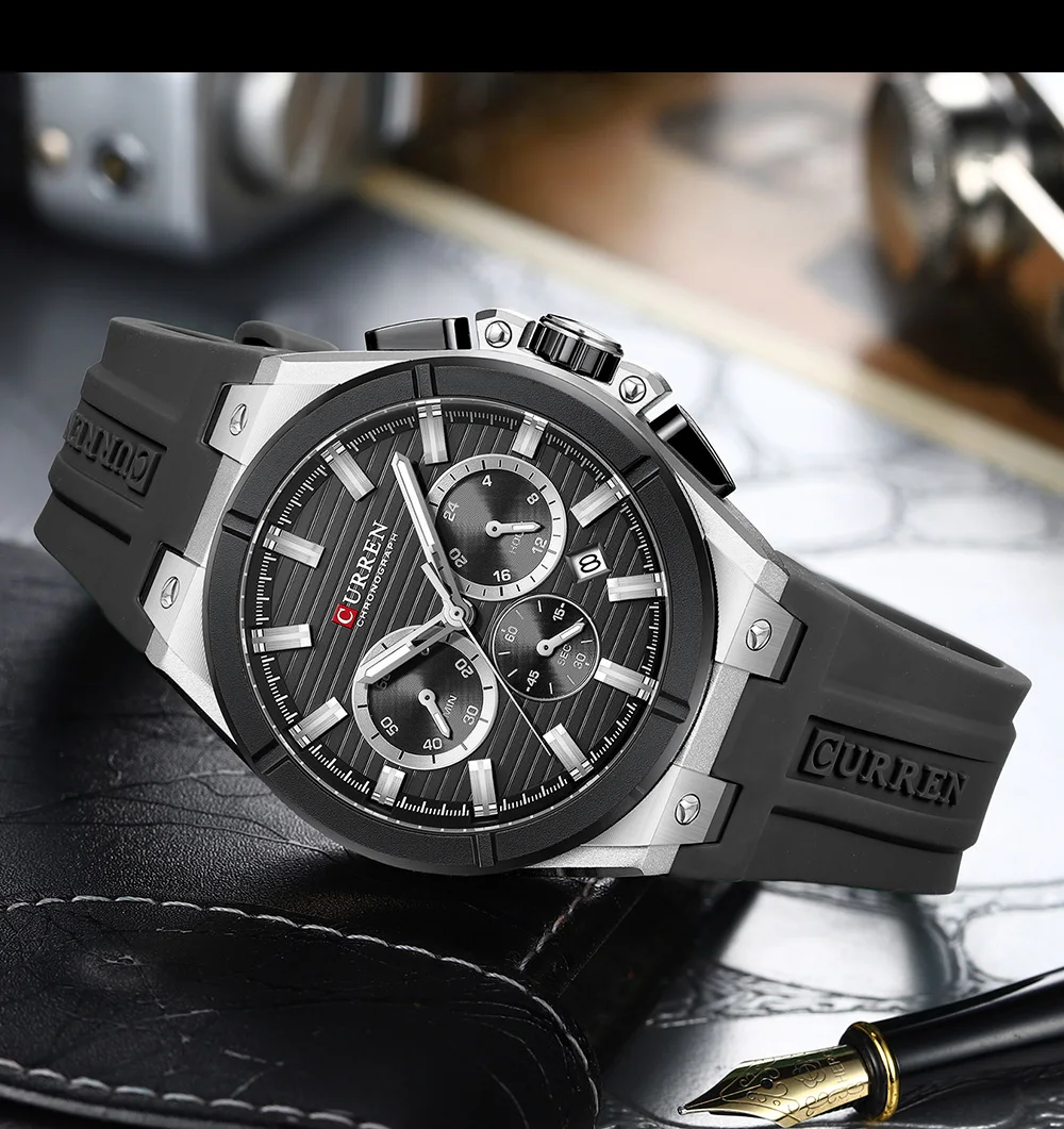 CURREN Herren-Luxus-Chronographenuhr mit 44-mm-Gehäuse, modische Quarz-Armbanduhr, lässiges Sport-Silikonarmband mit automatischem Datum. – Detail 15