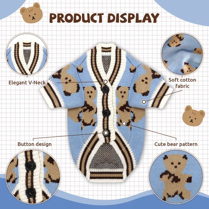 Pet Clothes Autumn Winter Medium Small Dog Knitted Sweater Cartoon Pattern Warm Wool Kitten Puppy Sweet Cardigan Chihuahua Pug