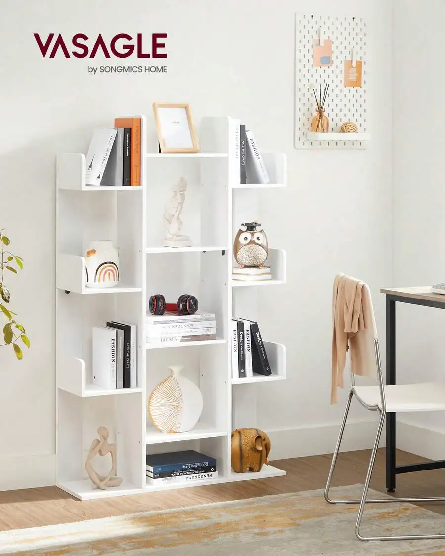 Bookshelf, Tree-Shaped Bookcase With 13 Storage Shelves, Rounded Corners, 9.8'D X 33.9'W X 55.1'H