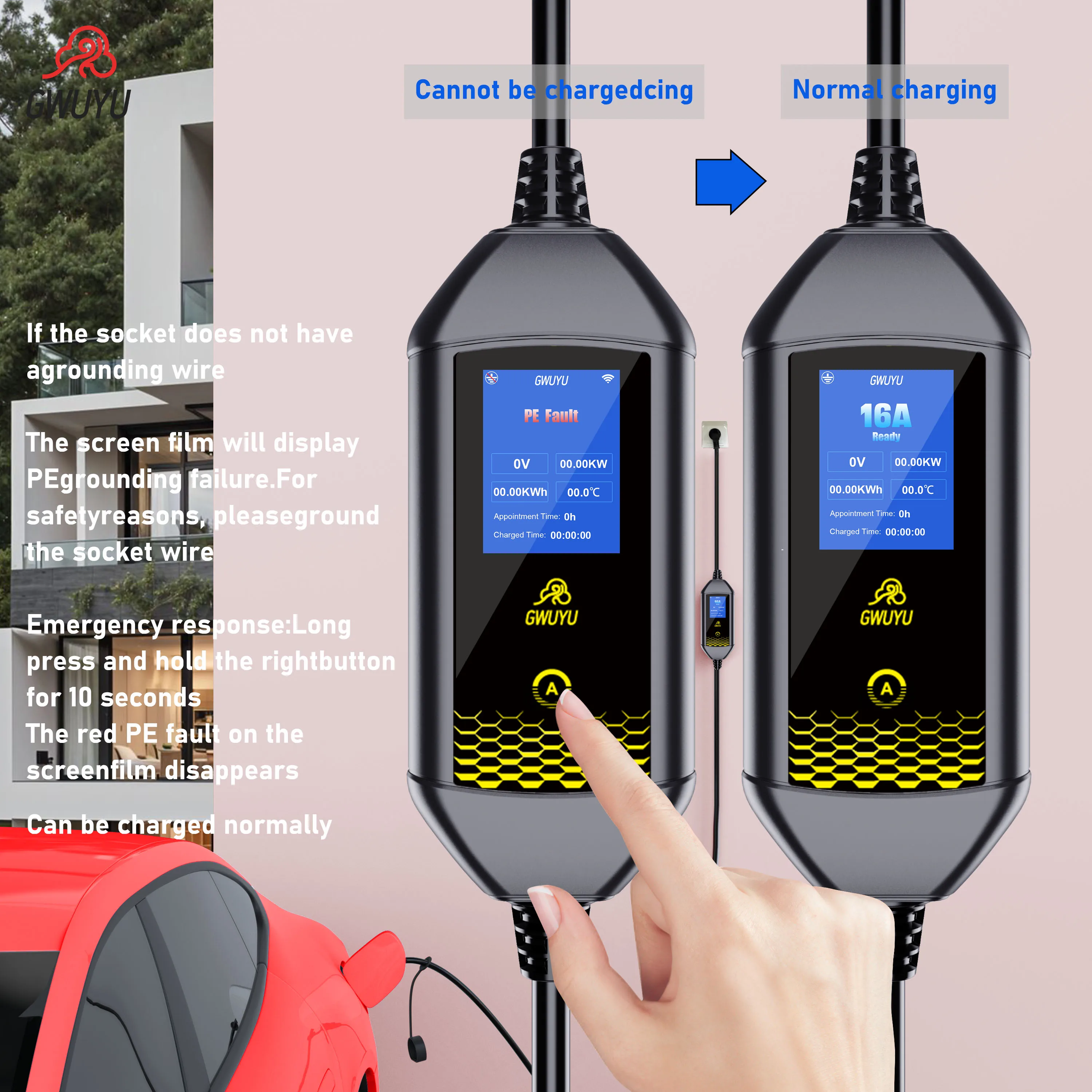 GWUYU 16A 3,5KW Typ2 Europäischer Standard-Stecker Tragbares Elektrofahrzeug-Ladegerät EVSE-Ladestation mit WLAN Bluetooth APP-Steuerung – Detail 16
