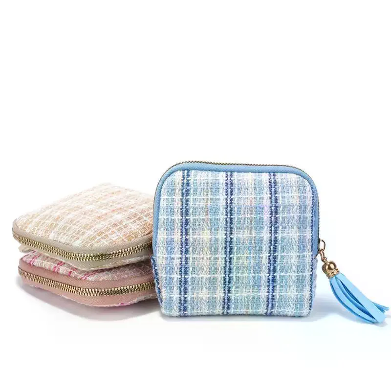 Tweed Small Cosmetic Bag With Tassel Zipper Soft Lining Perfect For Storing Lipstick Jewelry Coins Travel Daily Use
