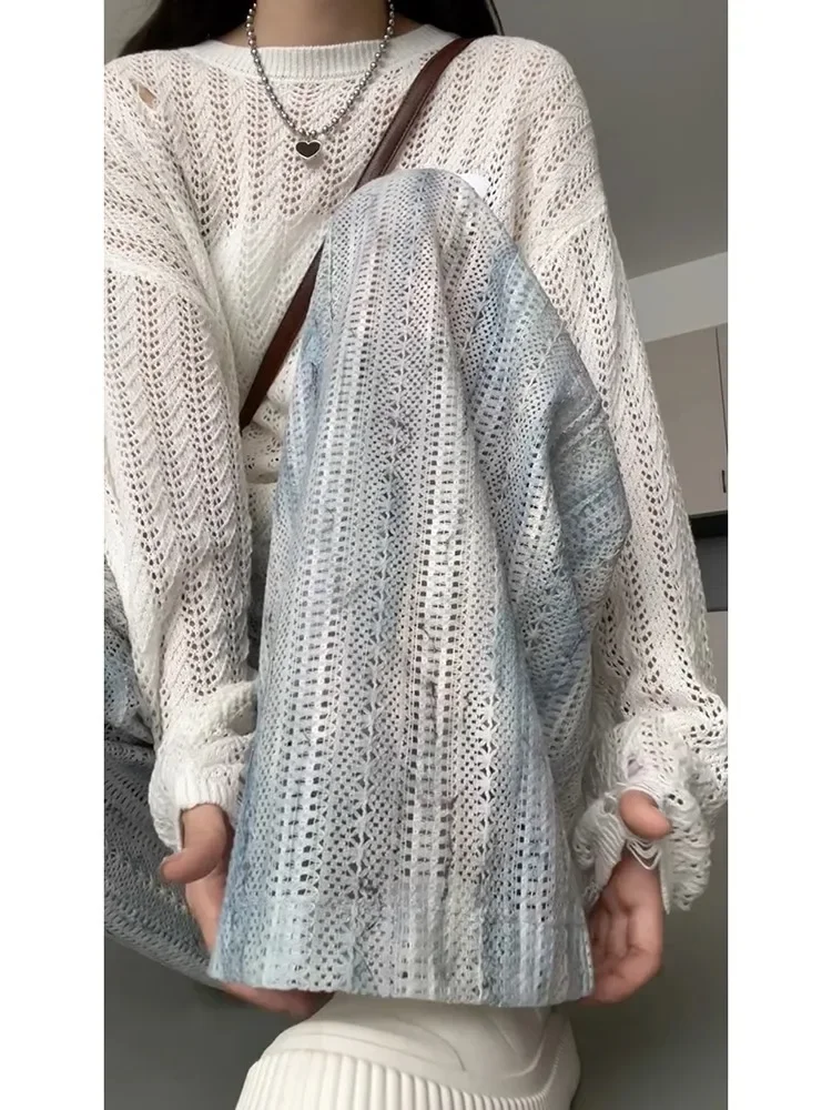 2025 มัดย้อมกางเกงลําลองกลวงสําหรับผู้หญิงในฤดูร้อนสไตล์บางY2kหลวมและบางและเข้าได้หลายชุดขี้เกียจกางเกงขากว้างเสื้อJ