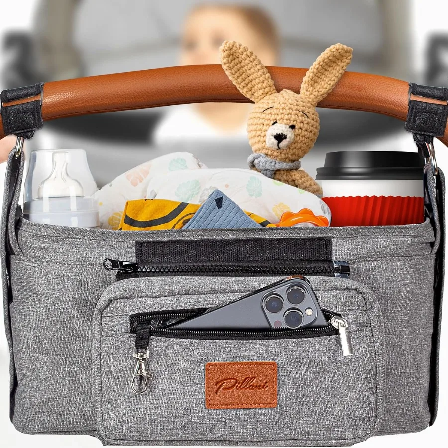 

PILLANI Stroller Caddy Universal Stroller Organizer with Cup Holder Phone Bag Stroller Accessories w NonSlip Straps Stroller Ba