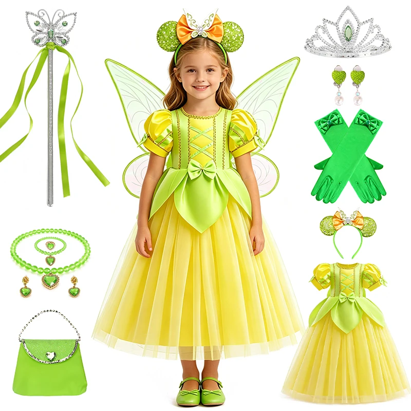 Tiana Princess Fancy Girls Dress Green Fairy Tale Kids Tulle Ball Gown Xmas Halloween Cosplay Party Carnival Children's Costume