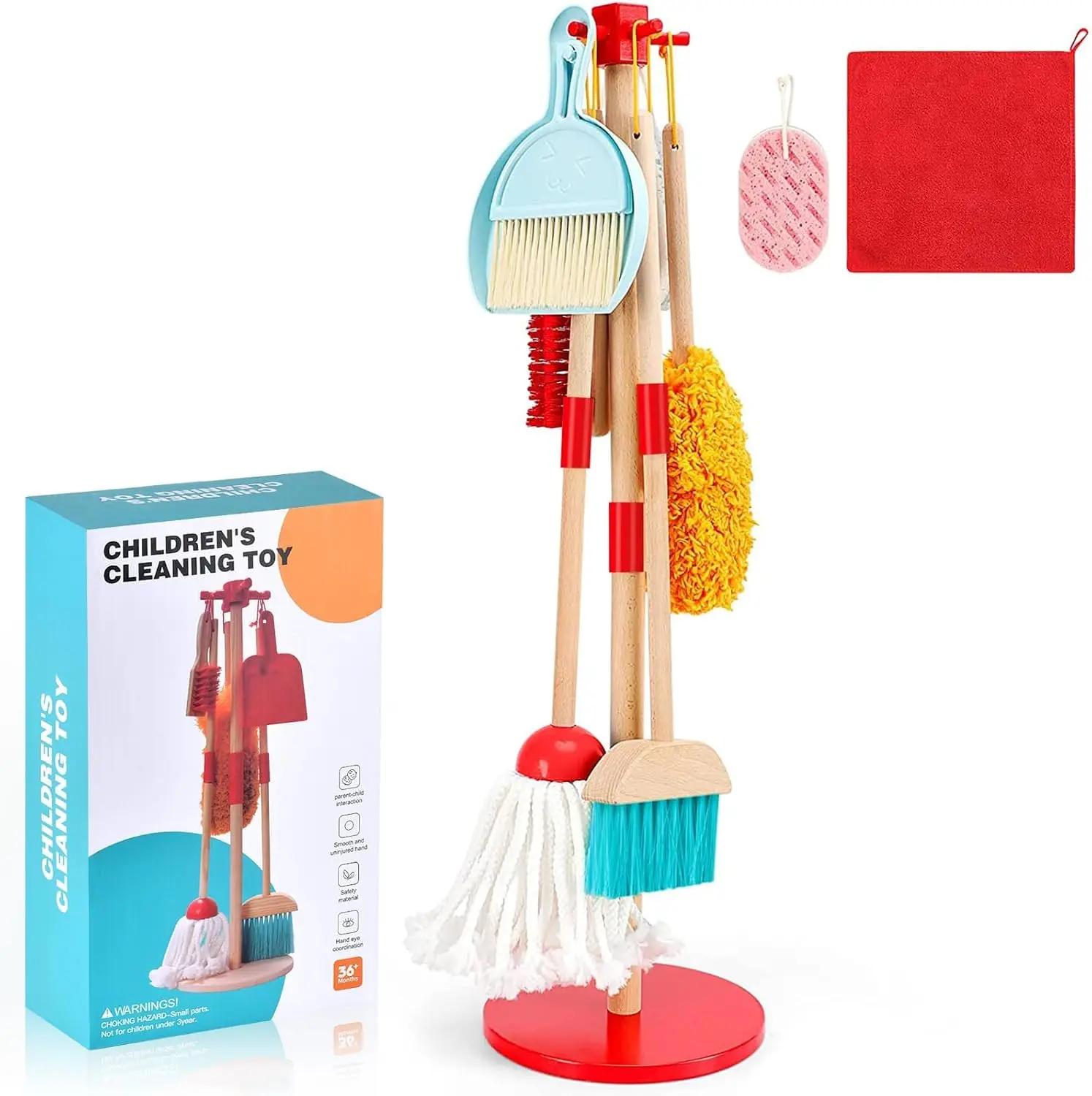 

Wooden Cleaning Toy Set for Kids 9 Pcs Broom and Mop Toddler Housekeeping Gift