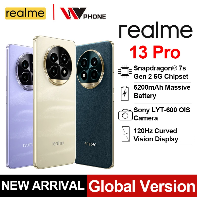 realme 13 Pro Smartphone Leeuwebek 7s Gen 2 5G Chipset Sony LYT-600 OIS Camera 120Hz Gebogen Display AI Imaging 5200mAh Batterij