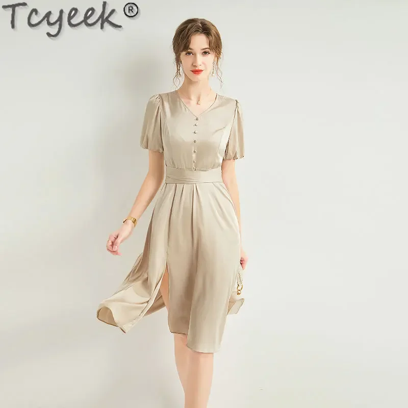 

Tcyeek 19MM 92.3% Mulberry Silk Dress Fashion Midi Dress Elegant Women's Dresses Summer Clothes Women 2024 Vestidos De Mujer