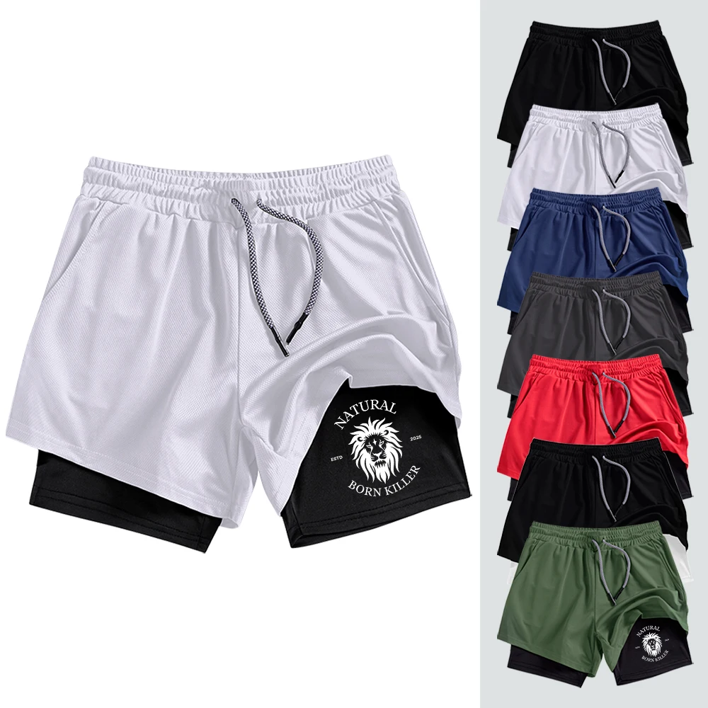 

Мужские двухслойные шорты для бега с внутренним карманом для телефона и петлей для полотенца, с принтом в виде головы льва, быстросохнущие, для тренировок и занятий спортом