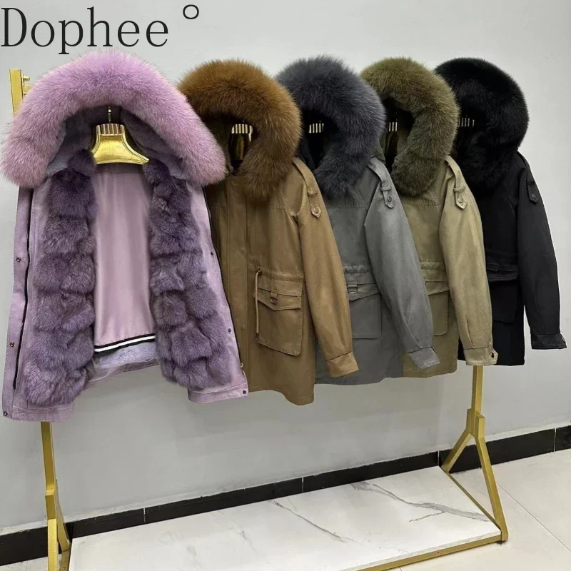 Korea Fashion Women Parkas High Quality Warm Winter Overcoat Elegant Fox Fur Collar Hooded Wadded Jacket Removable Rabbit Liner