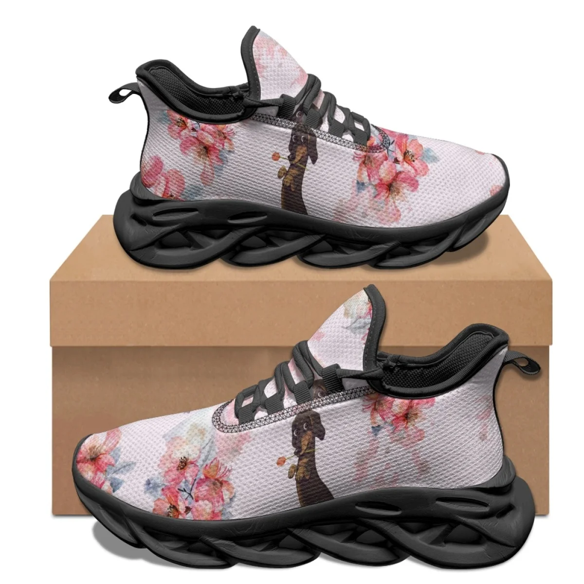 Cartoon Dachshund Flower Print Women's Casual Sneakers Outdoor Sports Running Shoes Lightweight Comfort Fitness Training Shoes