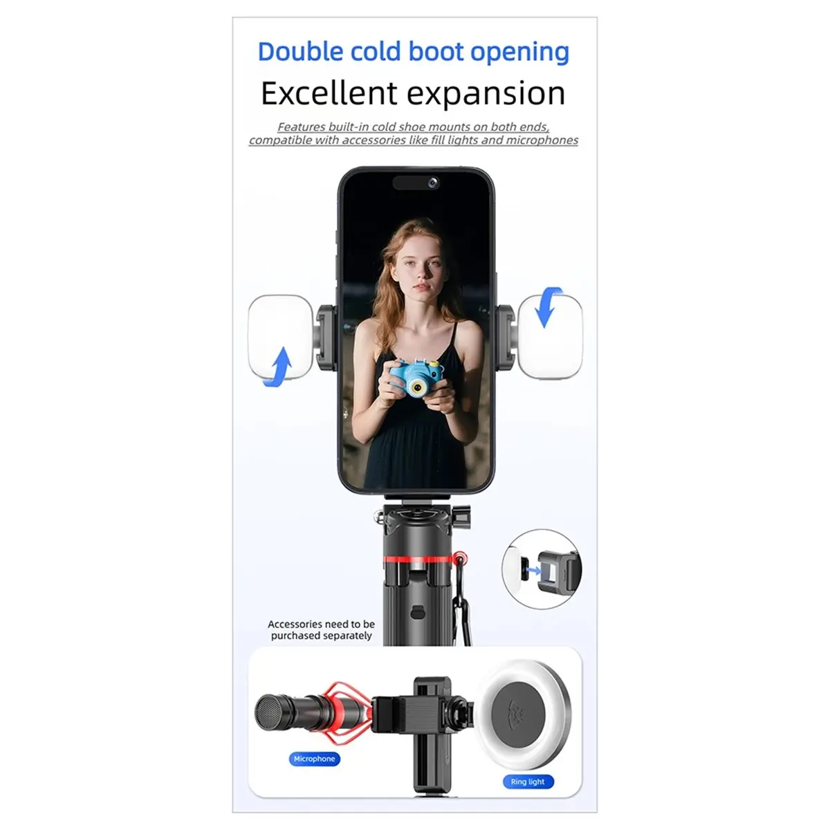 fitfit 3-N-1 Mini Selfie Stick Portable Tripod Extendable Stand with BT Remote & Zoom Control for Phone Vlog Phone Stabilizer