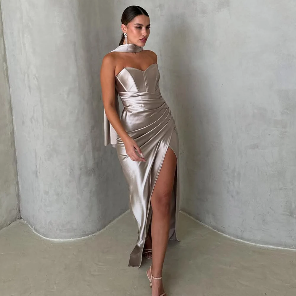 

Column Prom Dress with Shawl Sweetheart Criss-Cross High Slit Sexy Prom Gowns for Women Pleat Sleeveless Floor Length Party Gown
