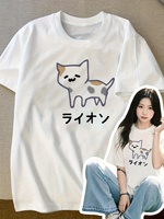 Camiseta femenina estampada con gato de dibujos animados japoneses con blusa suelta y transpirable de manga corta con diseño