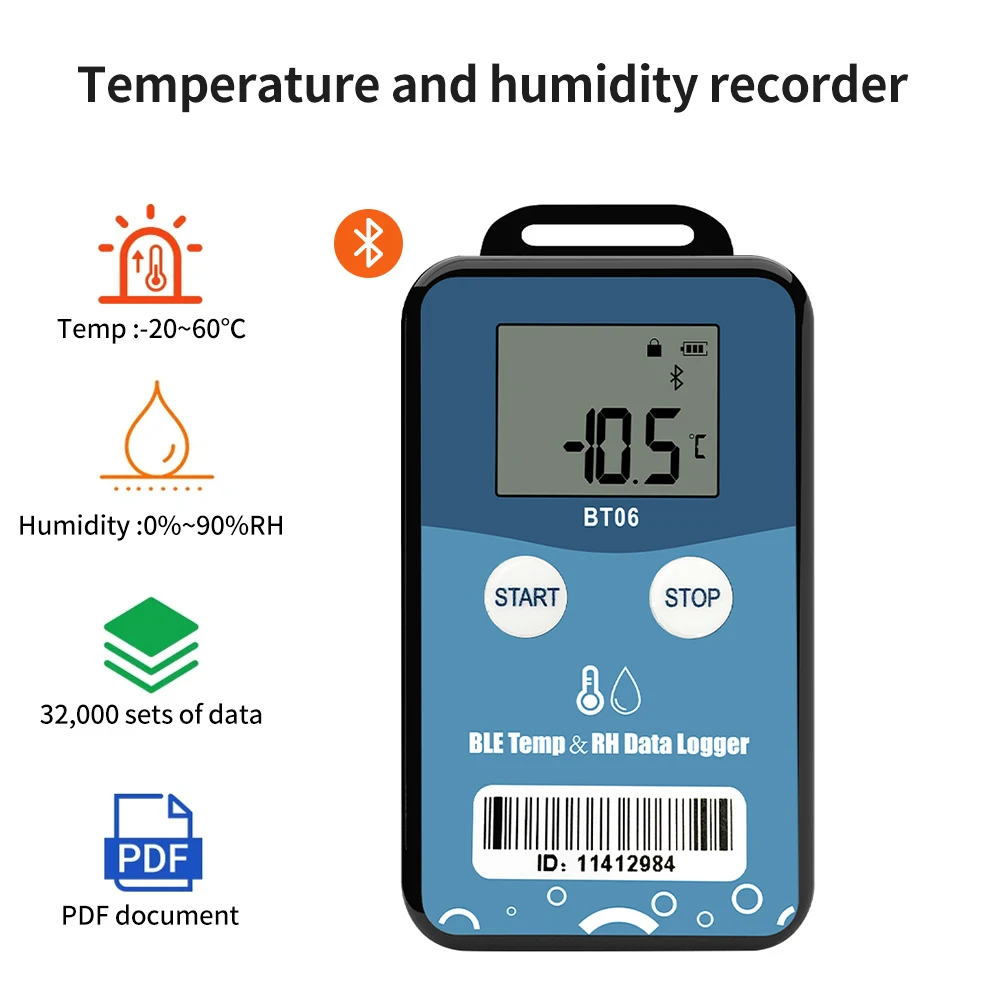 BT06 registratore di dati di umidità di temperatura Bluetooth registratore di dati digitale a 32000 punti registratore di Report PDF per laboratorio di catena del freddo