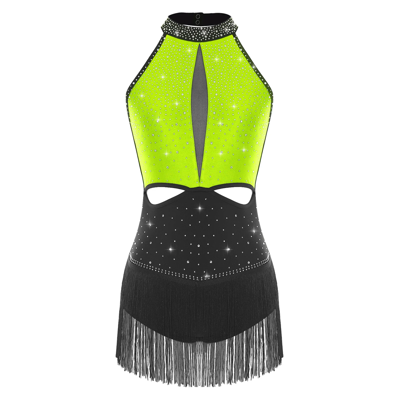 فساتين نسائية للرقص الإيقاعي بدون أكمام ورقبة وهمية بدون ظهر وأحجار الراين شرابات يوتار لمسابقات الجمباز اللاتينية تشا تشا