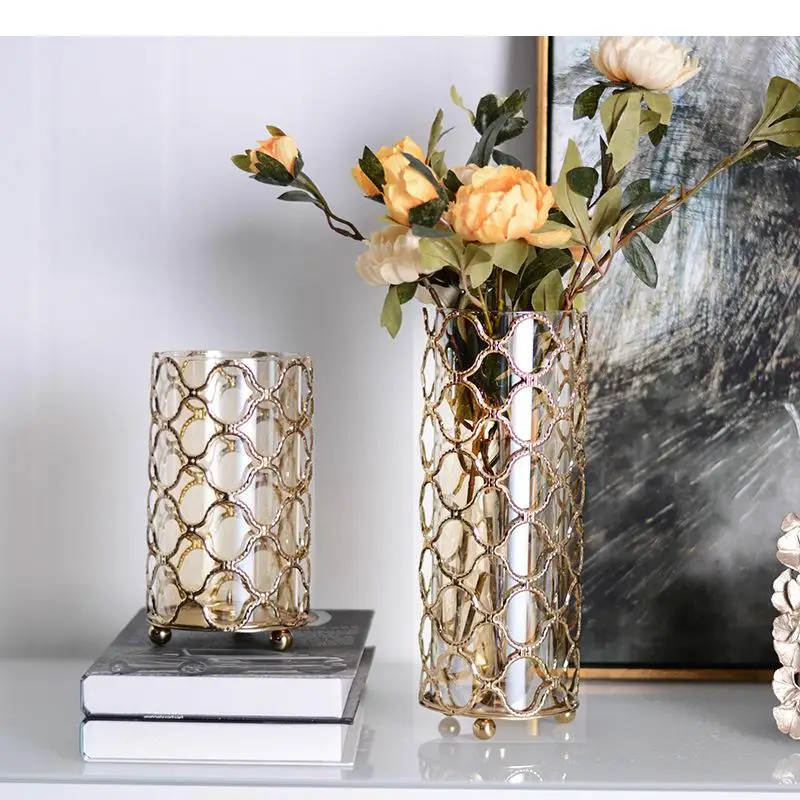 Hollow Out Glass Vases Golden Flower Arrangement Metal Candlestick Multifunctional Ornaments Modern Floral Home Decoration