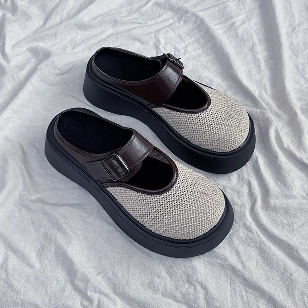 

Thick Heel Patchwork Net Slingback Slippers Sexy Round Toe Mixed Colors New Arrivals Fashion Modern Shoes