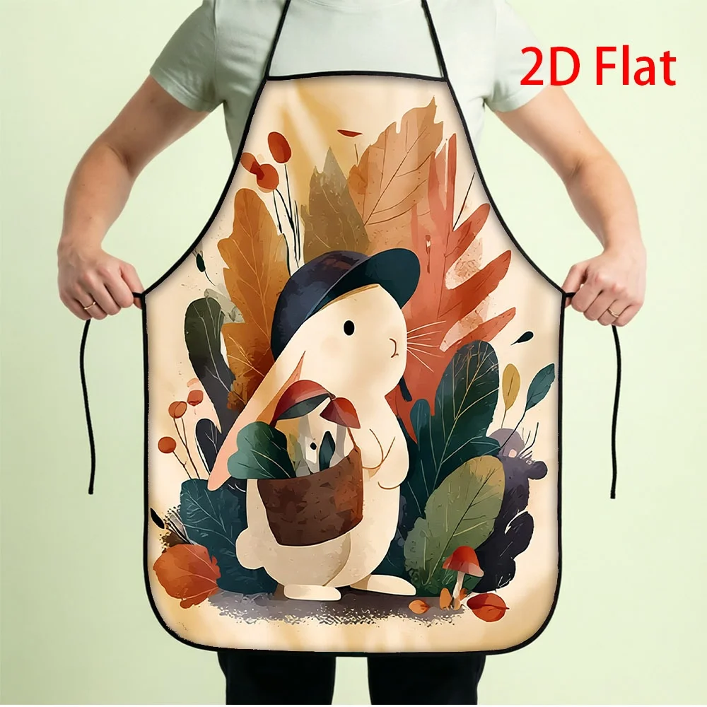 Cute Rabbit Autumn Leaves Apron, Forest Animal Mushroom Print Waterproof Kitchen Bib, Cozy Fall Decor Gift for Women