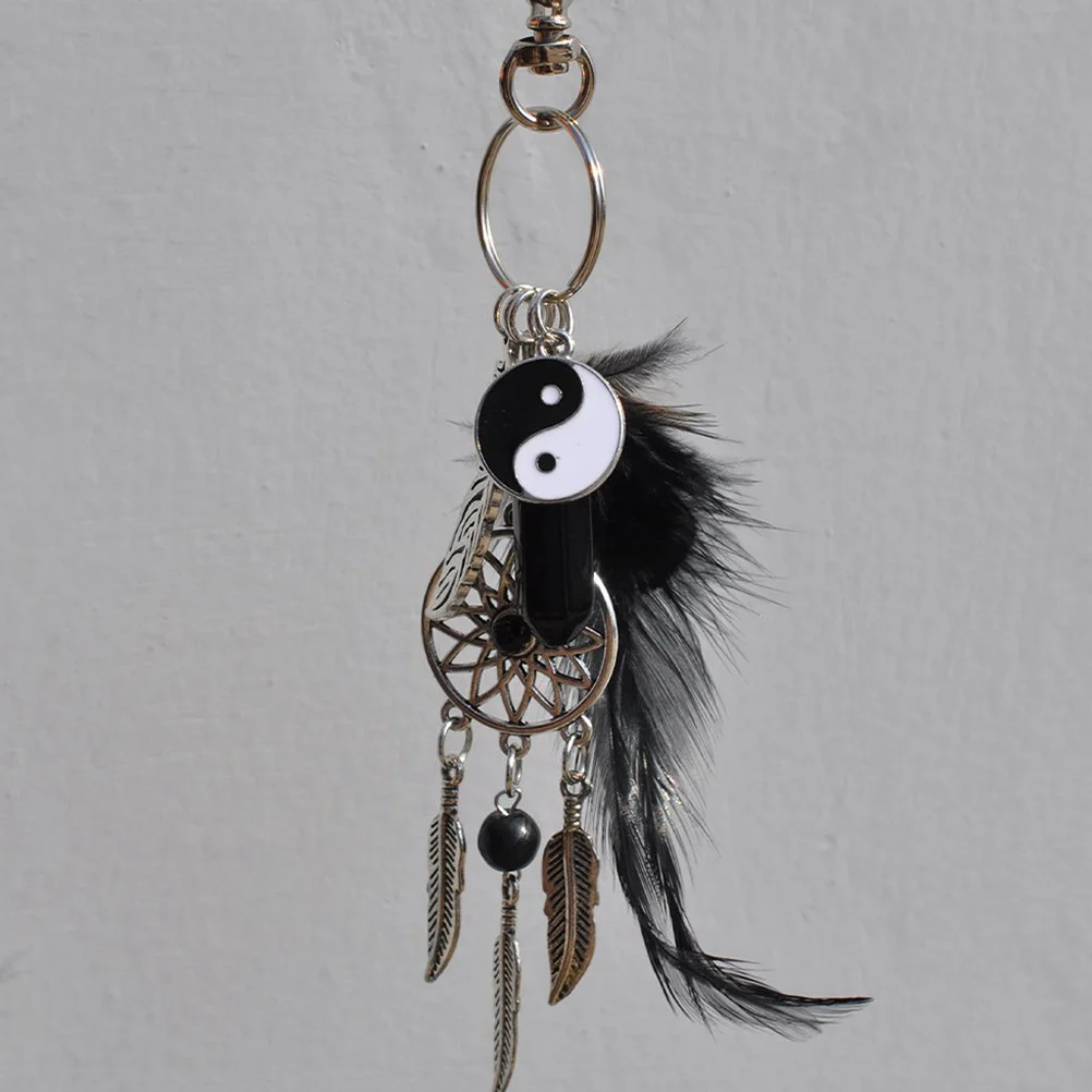 

Black Agate Charm Keychain Natural Stone Alloy Key Ring with Tassel Dreamcatcher Design Elegant Keyfob for Men Women Gift