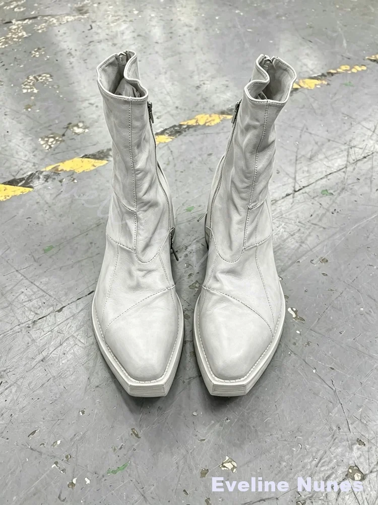 White Wrinkled Genuine Leather Ankle Boots Men Square Toe Patchwork Short Boots Distressed Vintage Handmade Soft Leather Shoes